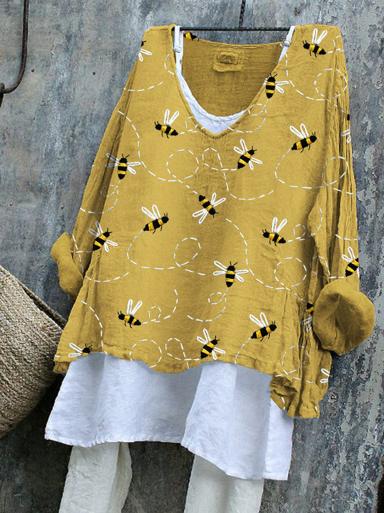 Comstylish Flying Bees Embroidery Pattern Linen Blend Tunic