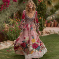 Comstylish Women's Vintage Floral Print V-neck Long Sleeve Maxi Dress