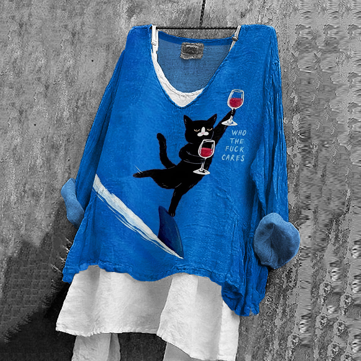 Women's Vintage Black Cat And Ocean Art Print Cotton And Linen Shirt artswardrobe
