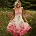 Pink Floral Embroidered Gradient Linen Suspender Dress artswardrobe