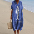Comstylish Women'S Sardine Fish Art Pattern Linen Blend Dress