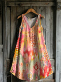 Women's Bohemian Art Print V-neck Pocket Cotton Dress