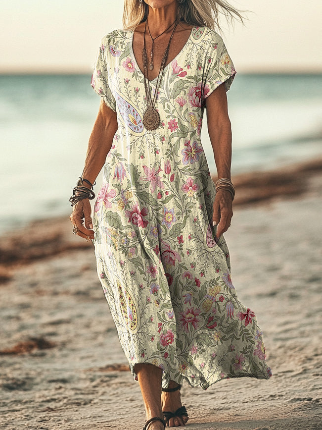Women's Retro Paisley Flowers Print Pocket Cotton Dress