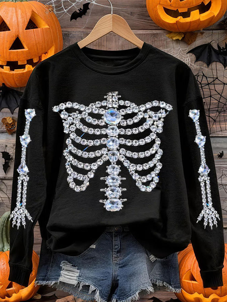 Comstylish Women's Halloween Rhinestone Skull Print Long Sleeve Crew Neck Sweatshirt-1