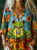 Women's Hippie Cute Frog Art Pattern Print Casual Cotton Linen Shirt