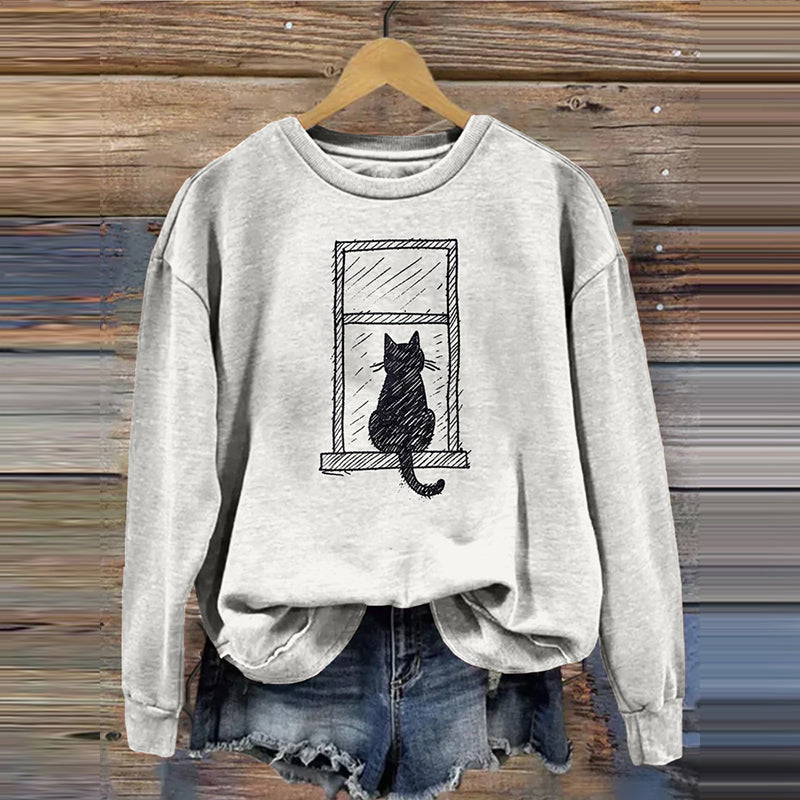 Comstylish Lovely Simple Cat Art Print Vintage Cozy Sweatshirt