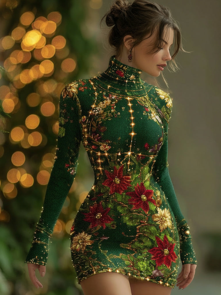 Comstylish Women's Vintage Christmas Floral Pattern Knitted Turtleneck Dress