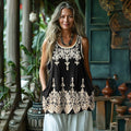 Vintage Embroidered Sleeveless Linen Blend Tank Top artswardrobe