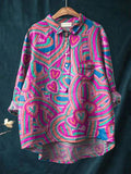 Abstract Heart Pattern Printed Women's Casual Cotton And Linen Shirt