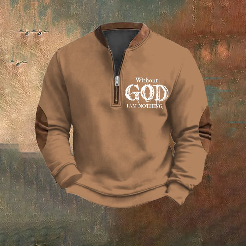 Comstylish Men's Vintage Faith Without God I Am Nothing Printed Zip Collar Sweatshirt