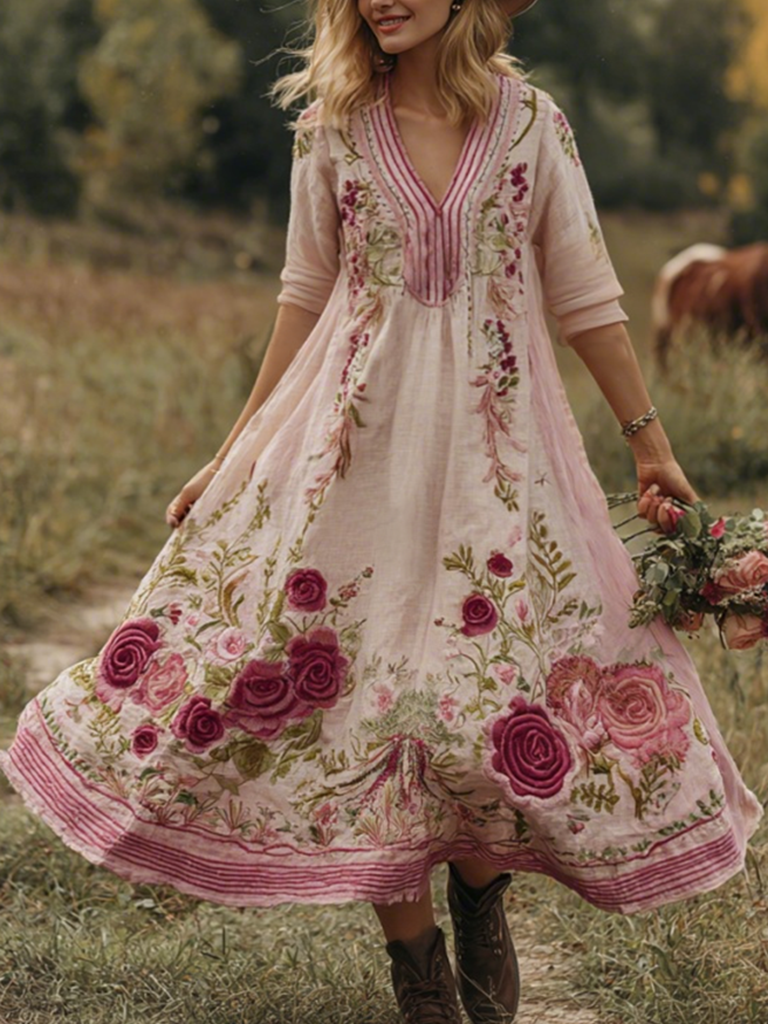 Classy Gradient Pink Roses And Striped  Embroidered Linen Maxi Dress artswardrobe