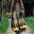 Boho Vintage Ukrainian Sunflower Art Inspired Linen Blend Maxi Dress artswardrobe