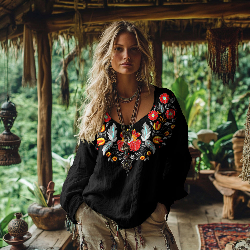 Comstylish Vintage Bohemian Floral Embroidered Linen Shirt