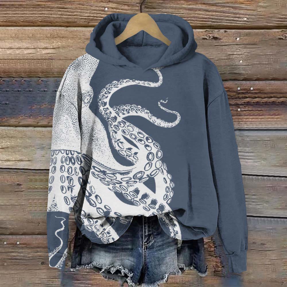 Comstylish Japanese Art Octopus Print Long Sleeve Hoodie