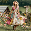 Women's Vintage Boho Floral Art Patchwork Comfy Maxi Dress artswardrobe