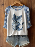 Women's Retro Funny Animal Cat Print Raglan Sleeve T-shirt elevenforest