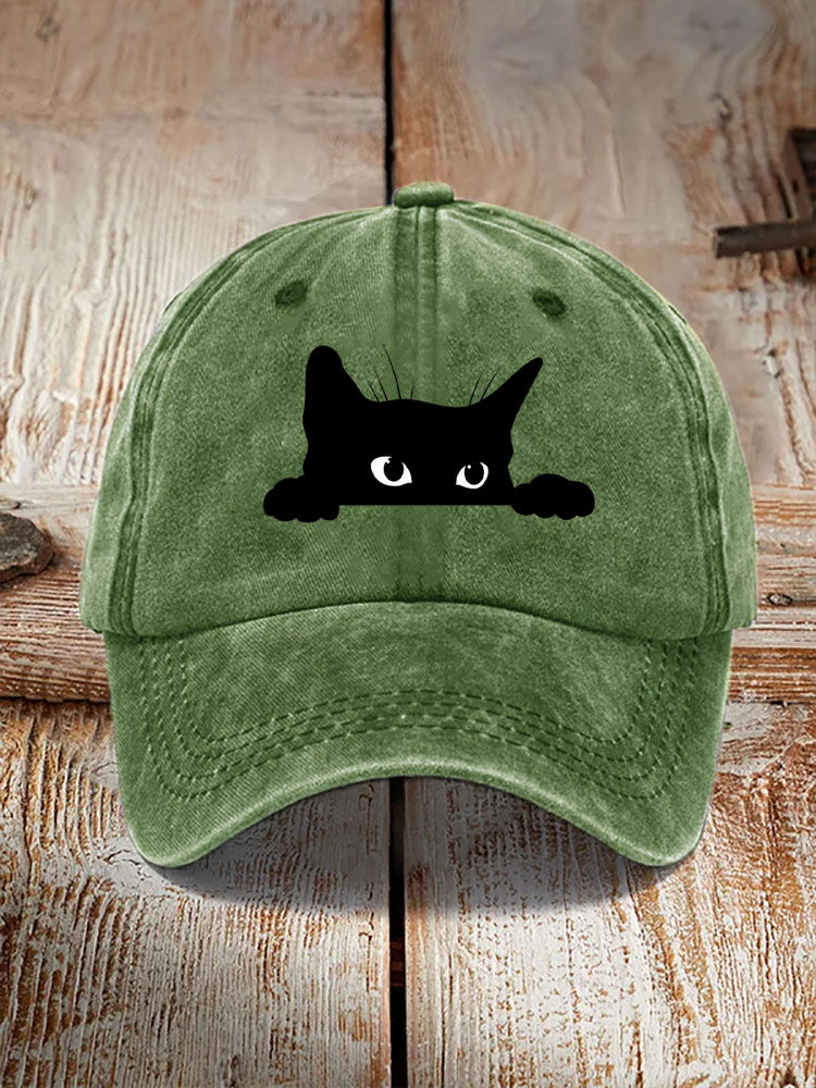 Comstylish Unisex Washed Cotton Bend Casual Black Cat Print Hat