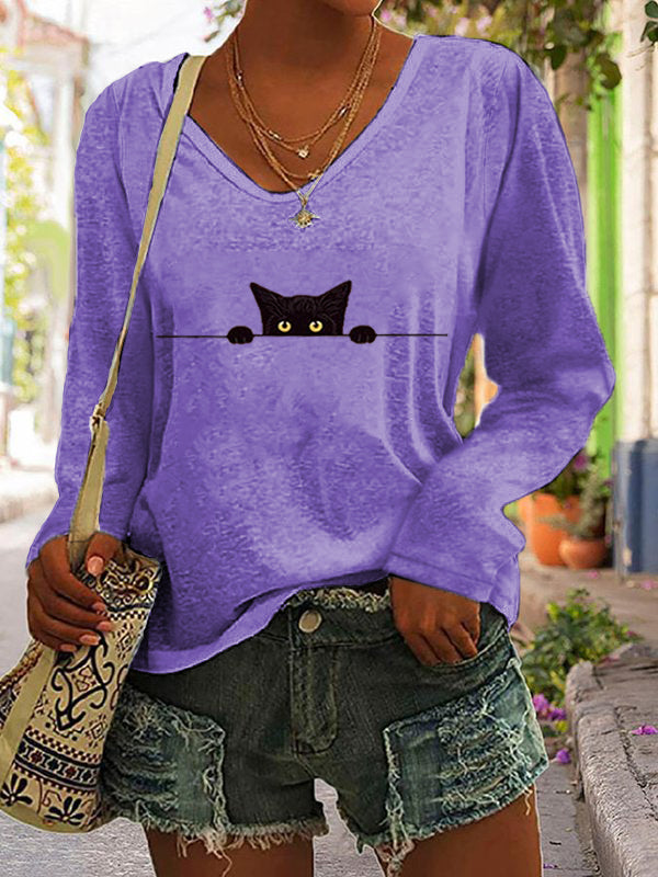 Comstylish Women's Casual Funny Black Cat Print T-shirt