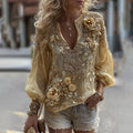 Comstylish Women's Classic Bohemian Yellow Floral And Gold Roses Embroidery Art Linen Blend Half-collar T-shirt