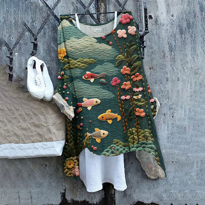 Comstylish Vintage Flower And Fish Loose Linen Cozy Shirt Tunic Top