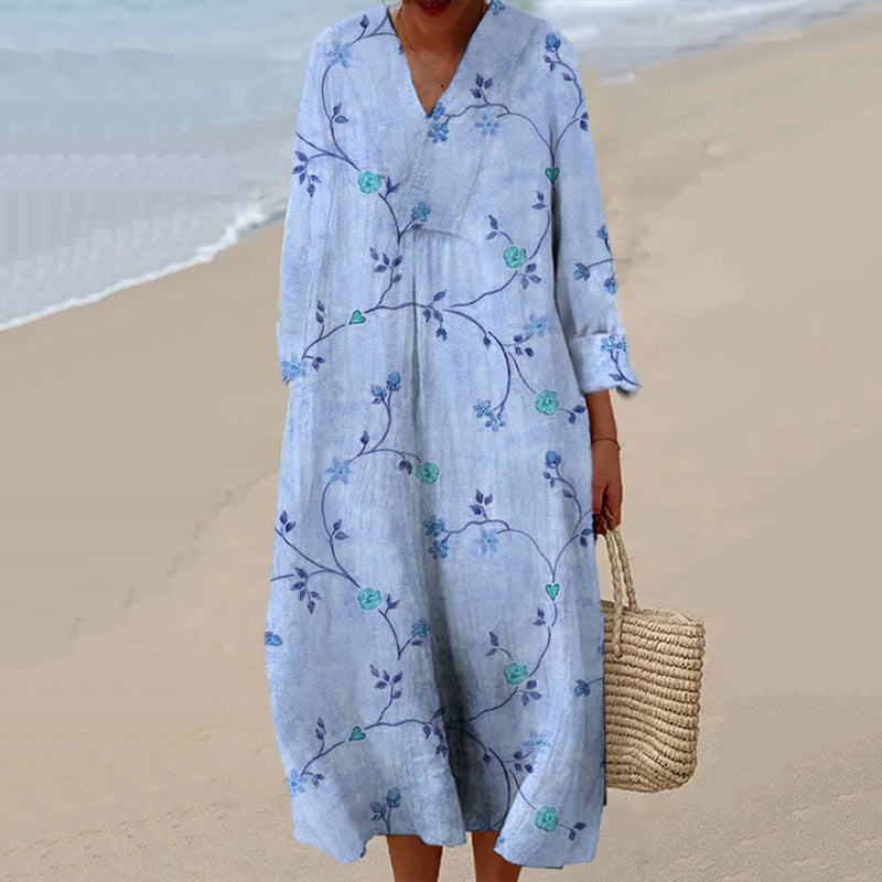 Vintage Floral Art Cotton Linen Comfy Maxi Dress artswardrobe