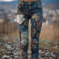 Comstylish Boho Floral Lace Embroidered Vintage Skinny Jeans