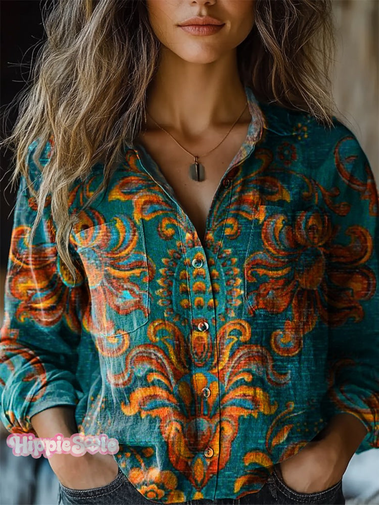 Women's Retro Ethnic Pattern Print Casual Long Sleeve Comfortable Cott