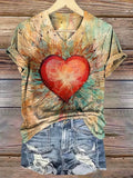 Women's Vintage Love Art Print V-neck Casual T-Shirt