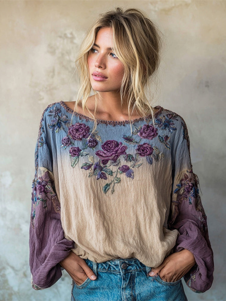 Boho Romantic Floral Embroidery Gradient Women's Linen Loose Shirt