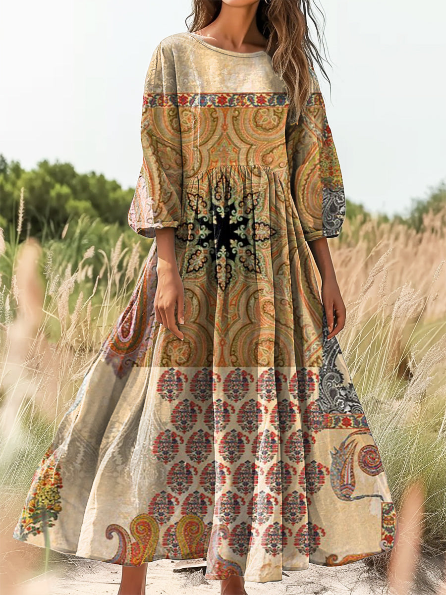 Women's Vintage Floral Art Print Flowy Cotton Crew Neck Dress
