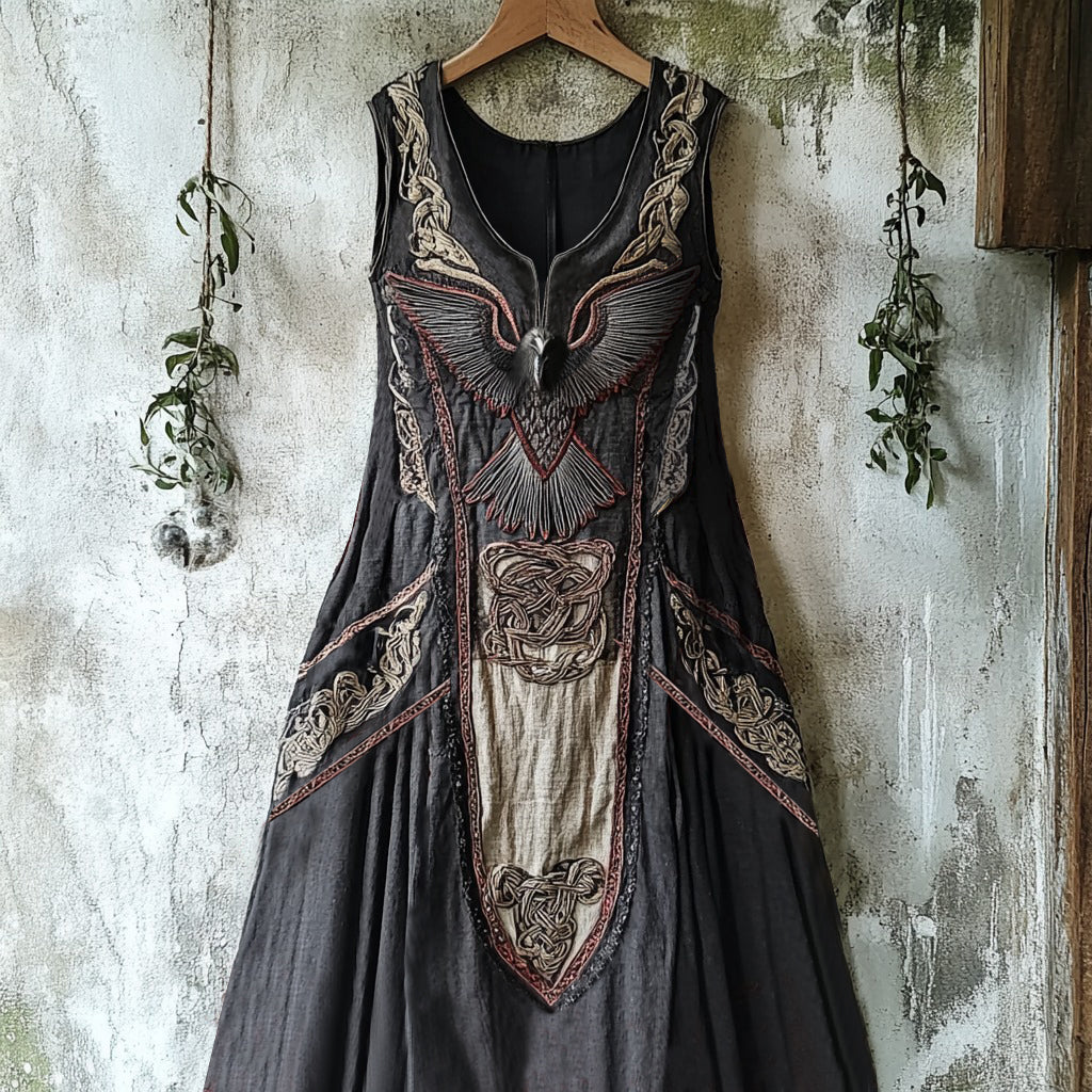 Vintage Viking Tribal Raven Graphics Art Linen Tank Dress artswardrobe
