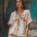 Women's Floral Embroidery V Neck Casual Linen Top artswardrobe