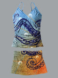 V-Neck Orange Blue Ocean Octopus Tentacles Ink Art Print Suspender Skirt Tankini Pantskirt Set Swimsuit