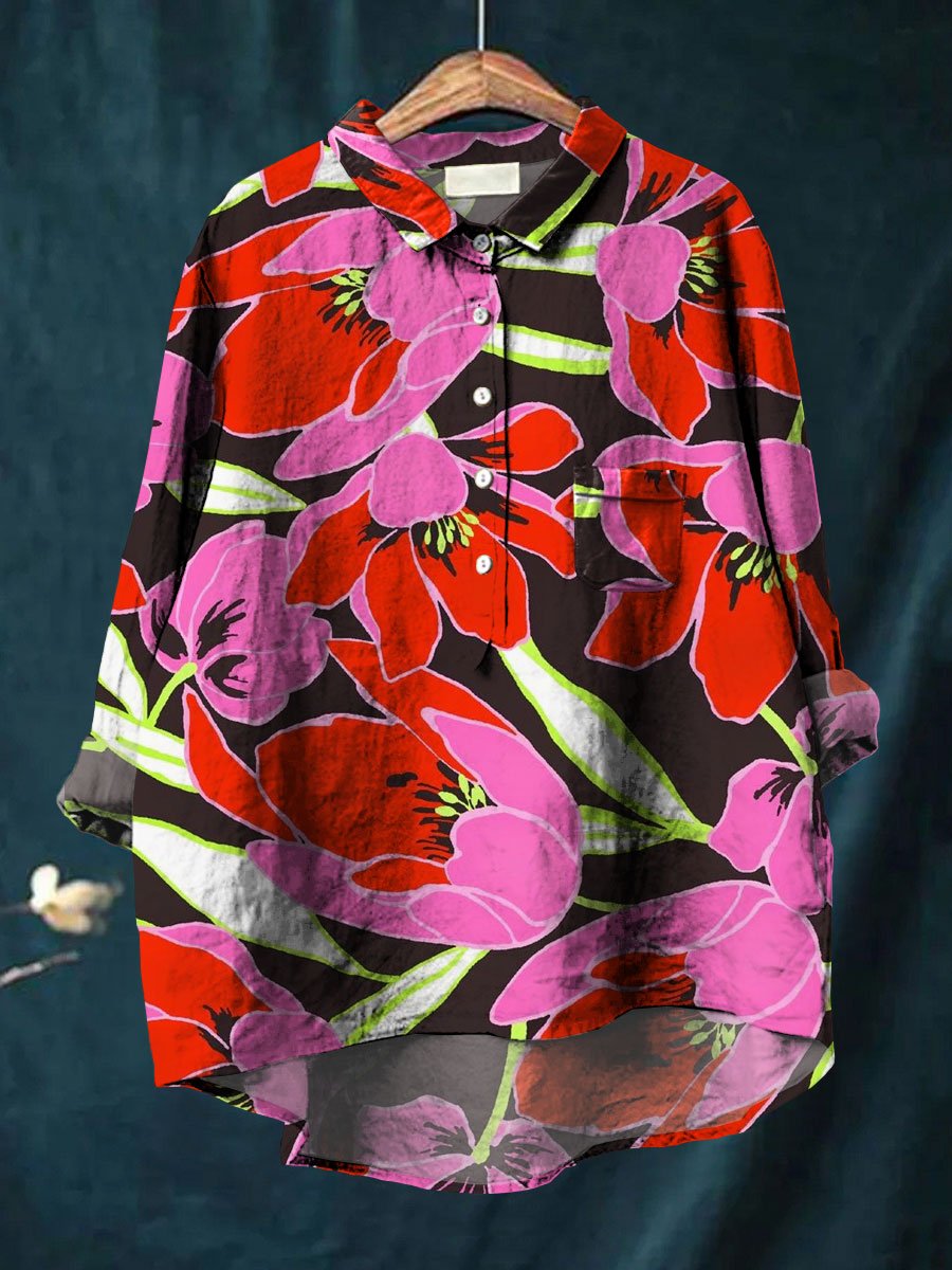 Women's  Flower Print Casual Cotton And Linen Shirt