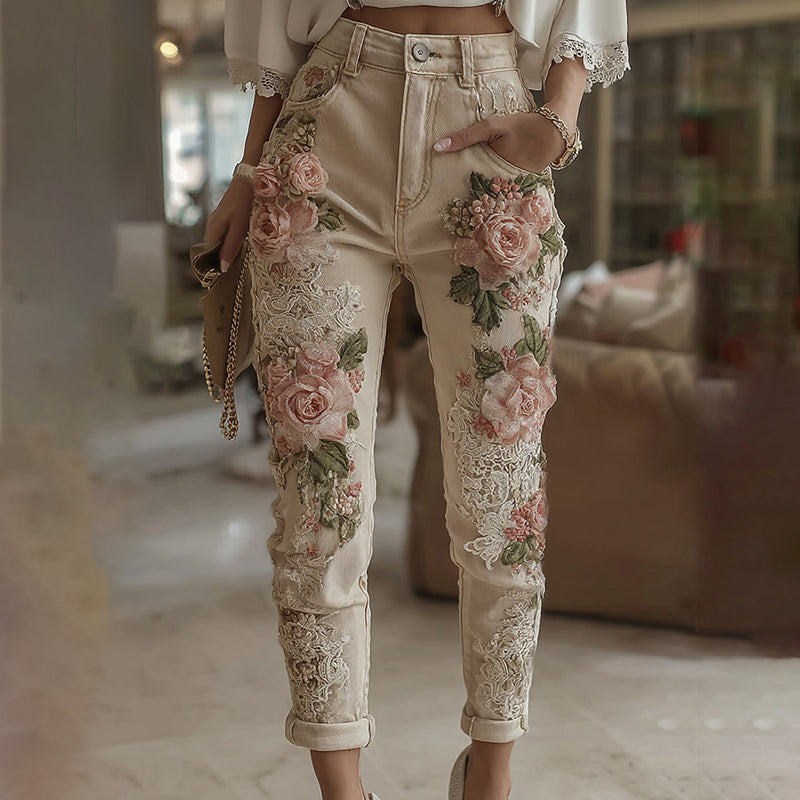 Women's Vintage Rose Embroidery Art Casual Jeans artswardrobe