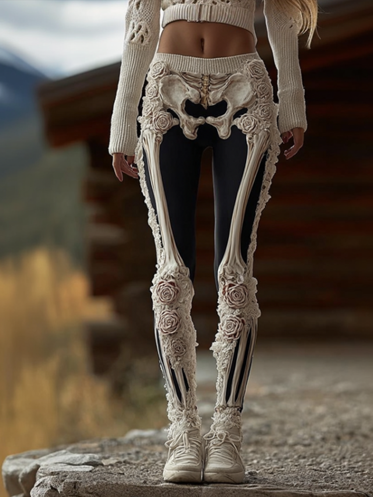 Comstylish Women's Anatomical Style Dark Halloween-themed Knitted Tight-fitting Leggings.