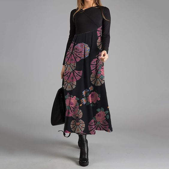 Elegant Flower Print Crew Neck Midi Dress elevenforest
