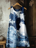 Cat Riding Ocean Wave Japanese Art Linen Tank Dress elevenforest