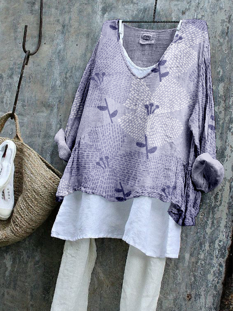 Comstylish Vintage Floral Pattern Linen Blend Flowy Tunic