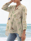 Boughs And Robin Birds Pattern Printed Women's Casual Linen V-Neck Shirt