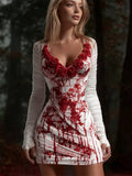 Comstylish Halloween Bloodstain & Floral Art Women's V-neck Long-sleeve Mini Dress