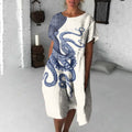 Comstylish Japanese Art Octopus Print Crew Neck Loose Midi Dress