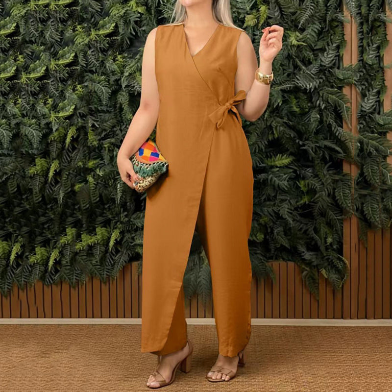 Women's Solid Color Casual V-neck Tie Jumpsuit artswardrobe