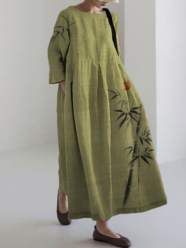 Comstylish Classy Bamboo Japanese Art Linen Blend Maxi Dress