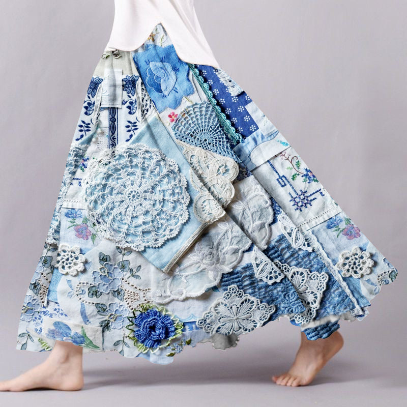 Vintage Bohemian Patch Textile Linen Skirt artswardrobe