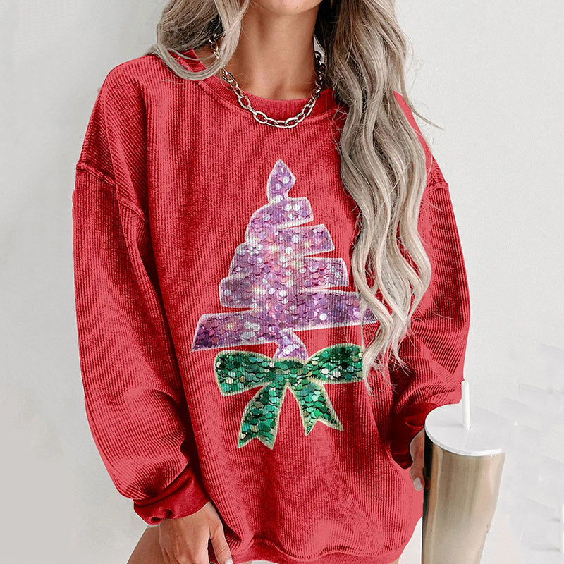 Comstylish Women's Shiny Christmas Tree Casual Print Shirt