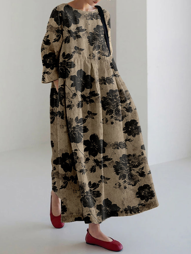 Comstylish Vintage Abstract Floral Art Linen Blend Maxi Dress