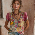 Women's Bohemian Floral Embroidery Patchwork Art Round Neck Short Sleeve Linen Blend T-shirt artswardrobe