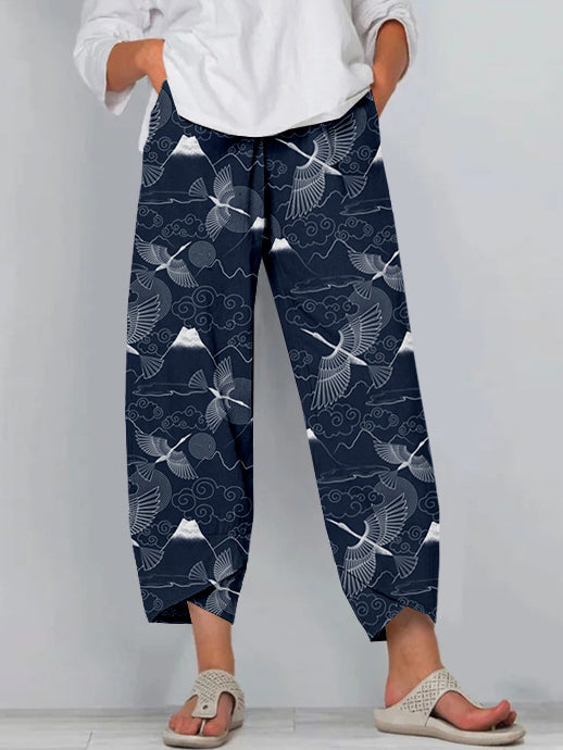 Comstylish Japanese Mount Fuji & Cranes Art Cropped Casual Pants