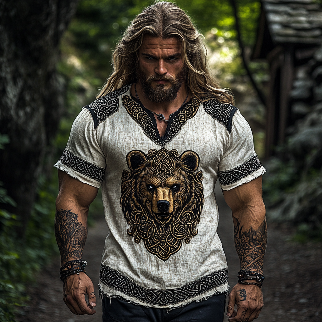 Retro Nordic Viking Mythology Bear Head Contrast Celtic Shirt artswardrobe